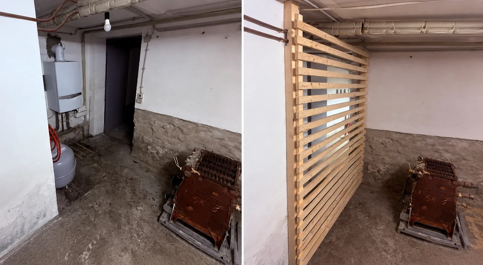 Vorher-Nachher-Zusammenstellung eines aufgebauten Kellerverschlags